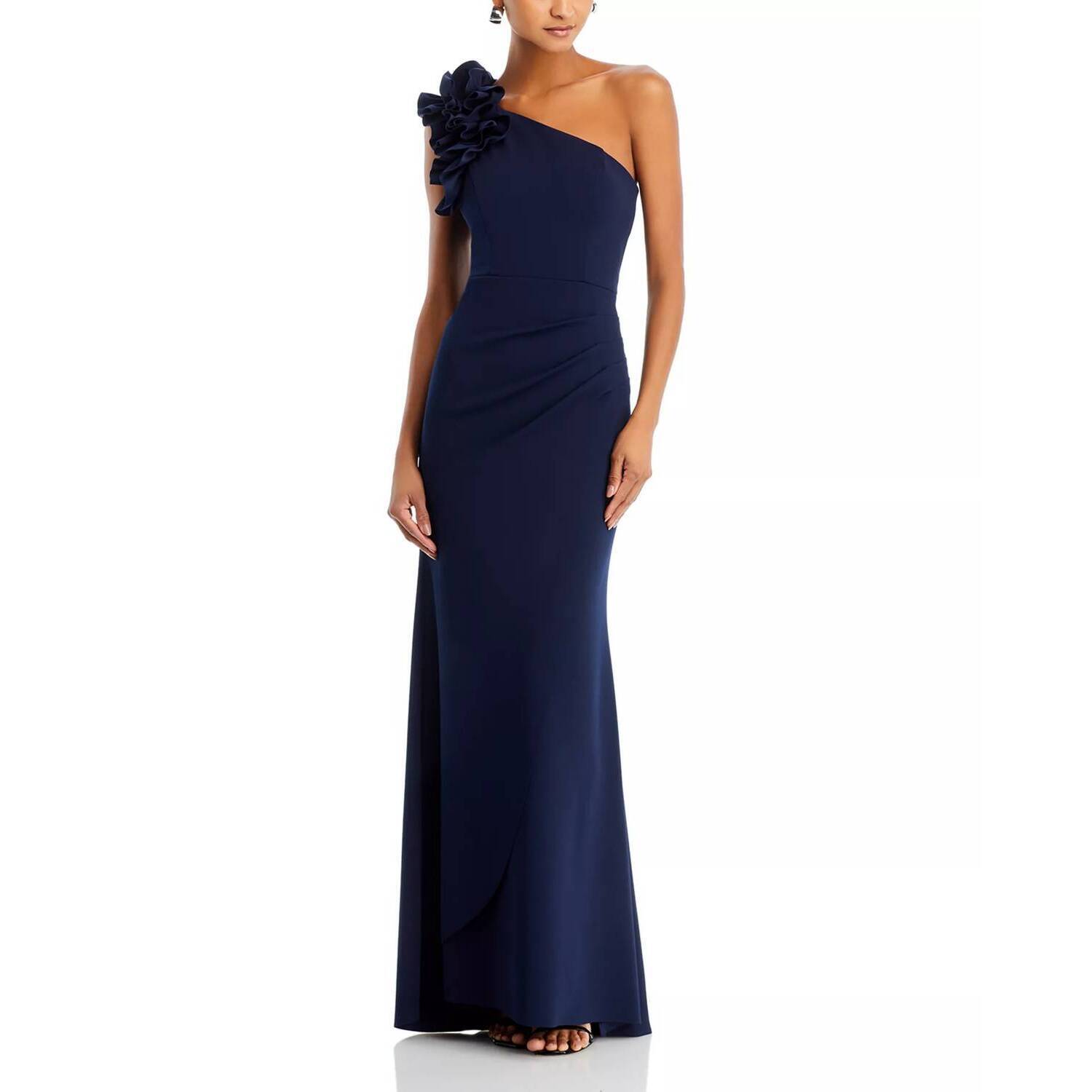 New Aqua One-Shoulder Ruffle Gown In Navy